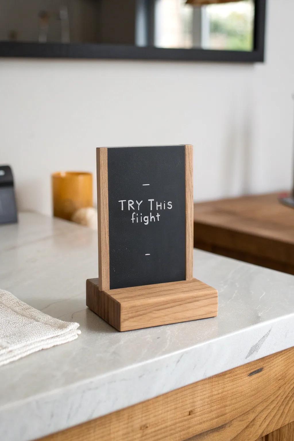 A sleek tabletop chalkboard in a chunky oak slot base—perfect for “Try This” tasting flights.