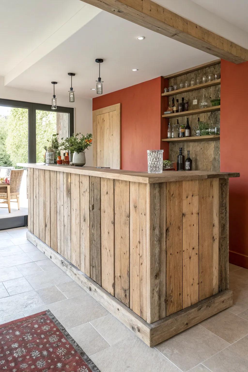 Reclaimed wood bar front with nail holes and saw marks—warm, rustic character in clean style.