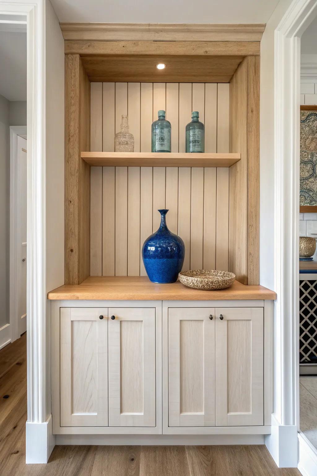 A built-in alcove bar station with oak slats, snug counter, and one bold cobalt decanter.