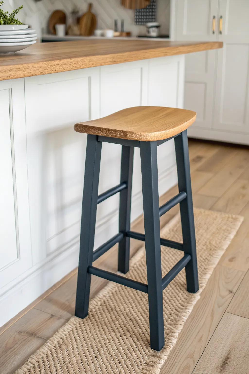 Two-tone bar stool—warm oak seat and charcoal base—ties white cabinets to a darker island.
