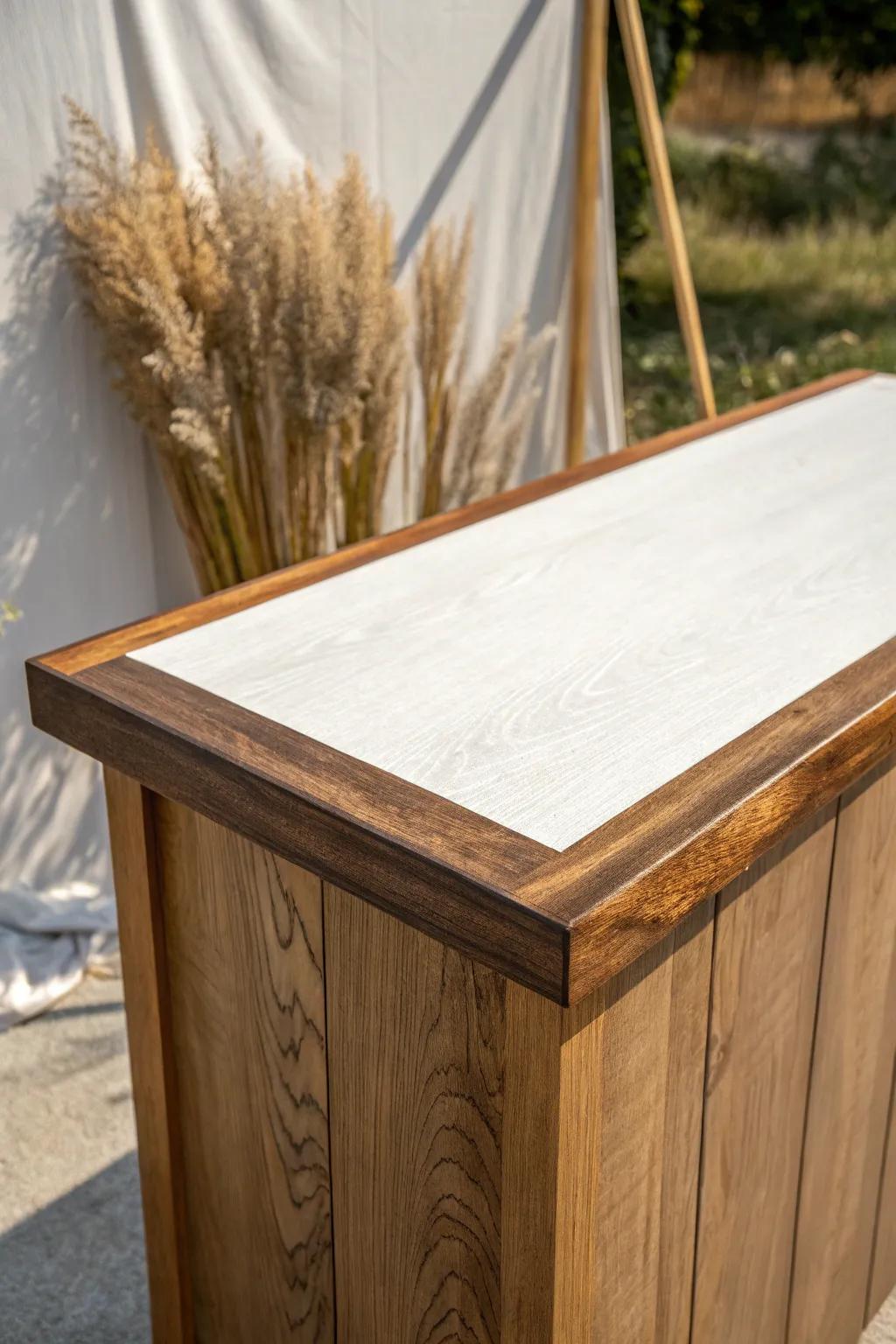 A slim walnut band frames pale oak—simple bar top edge detail that looks custom and bold.