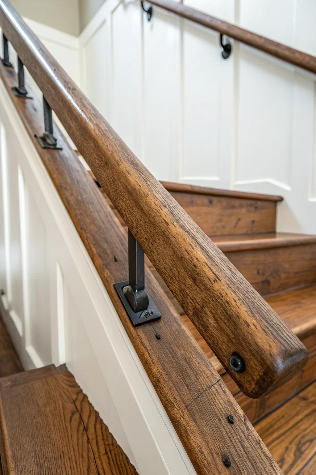 Reclaimed barn beam handrail—smooth, warm, and the standout detail on your staircase.