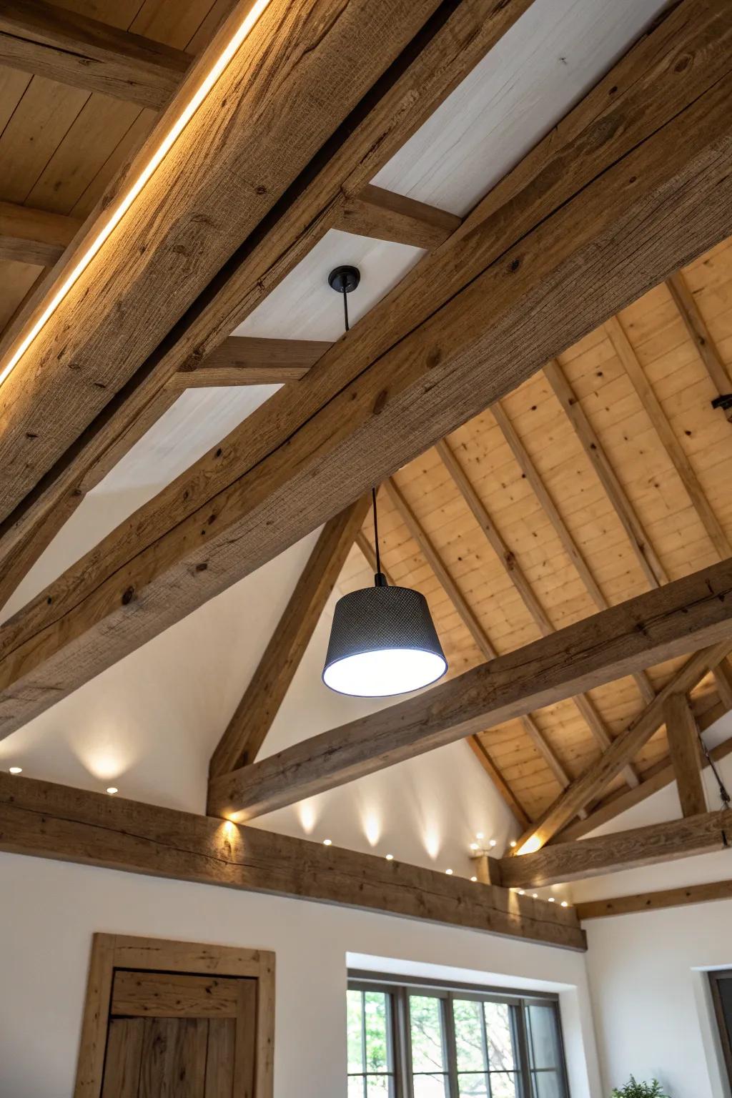 Hidden LED tucked in a barn beam creates a soft loft glow and makes the grain look richer.