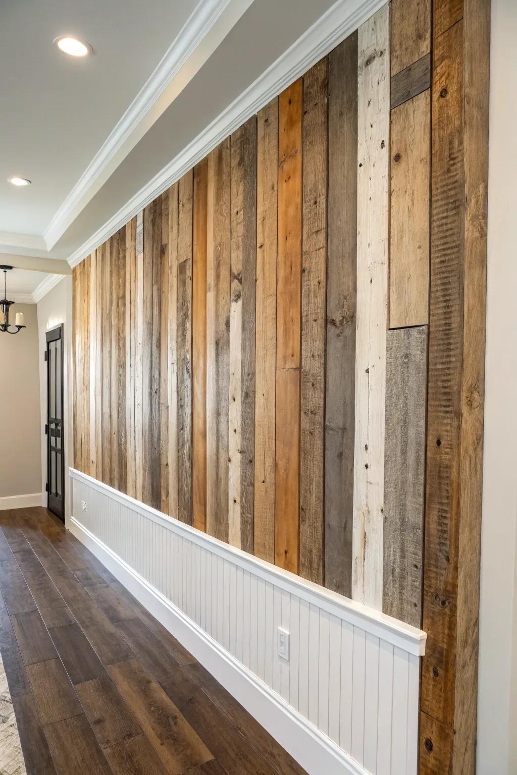 Barn wood + soft off‑white stripes: a bright, textured wall with modern farmhouse calm.
