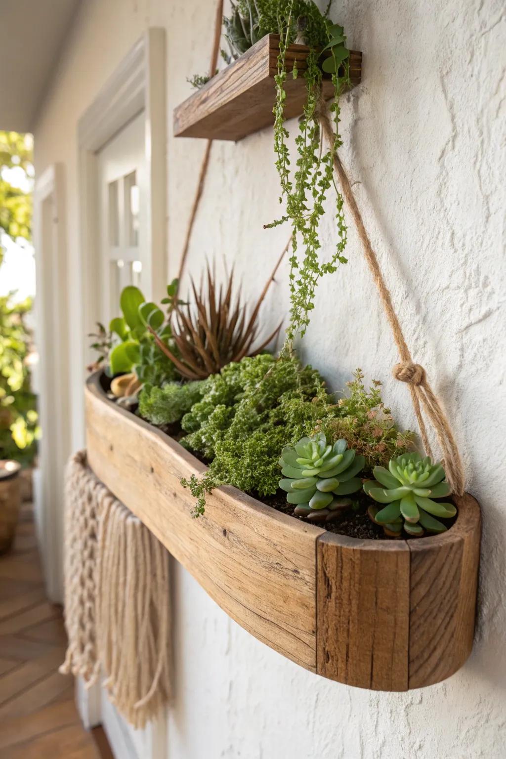 Curved barrel-stave wall trough planter—aged wood + bold succulents for clean boho charm.