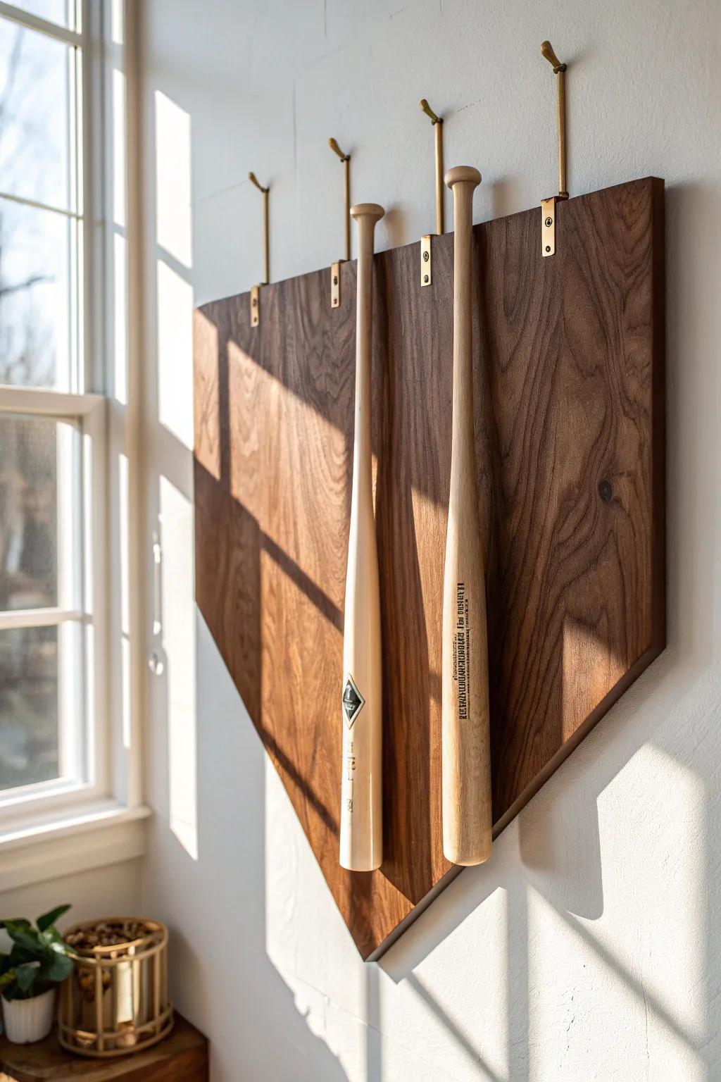 DIY home-plate backboard: dark stain + light bats for a clean, high-contrast wall display.