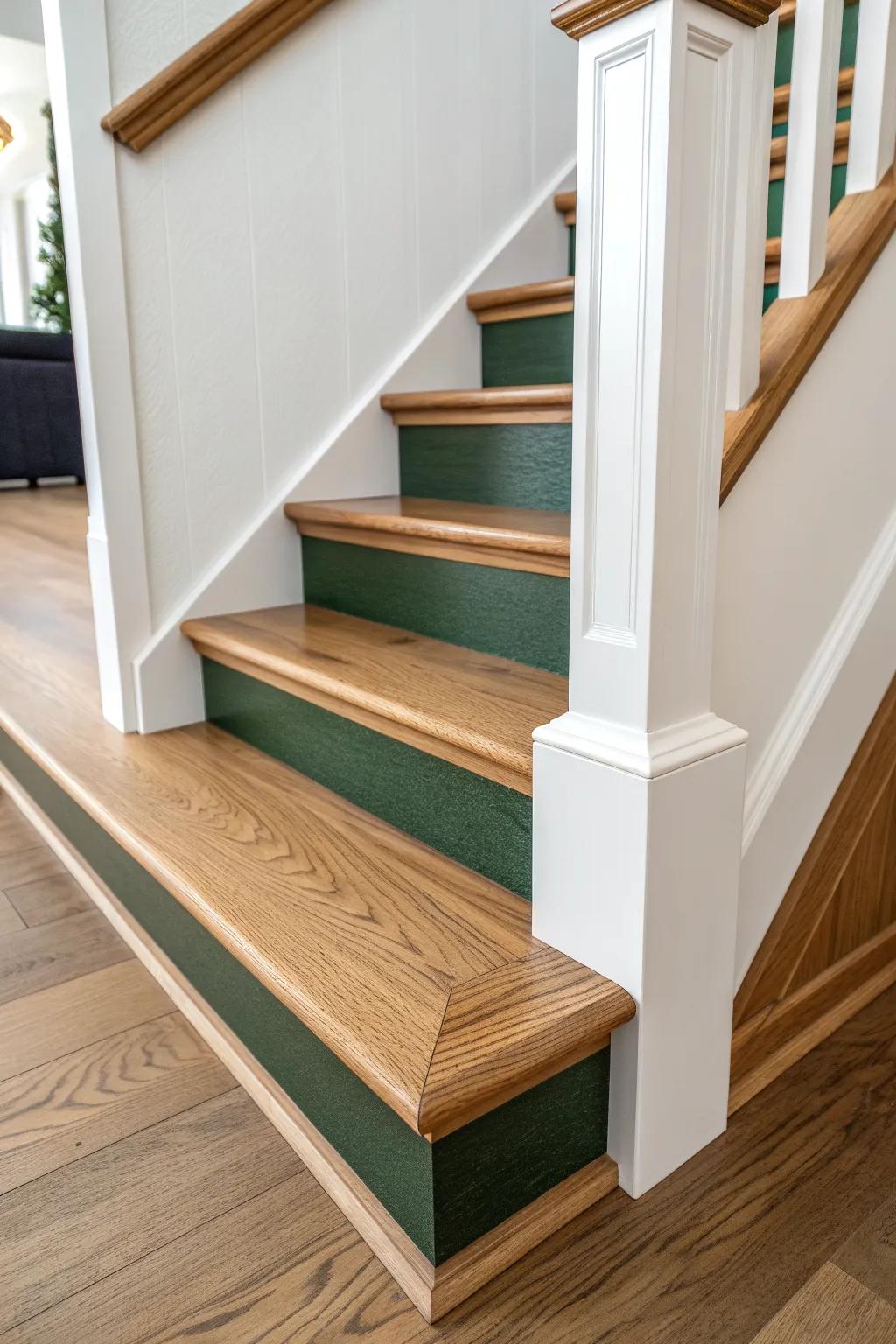Raked baseboard detail makes the stair stringer transition feel custom and seamless.