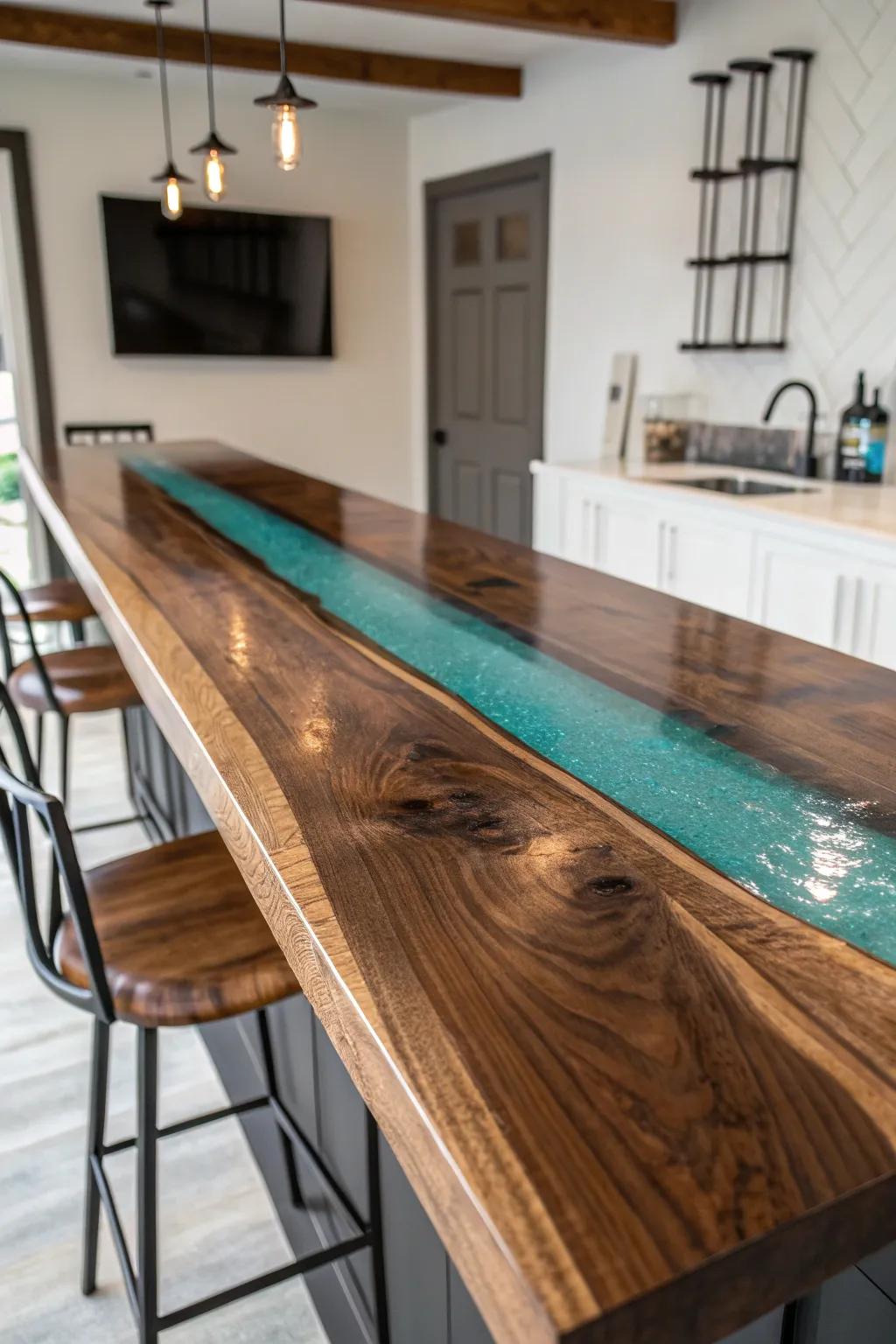 Glossy smoky-epoxy river meets bold wood grain—an instant basement bar centerpiece.