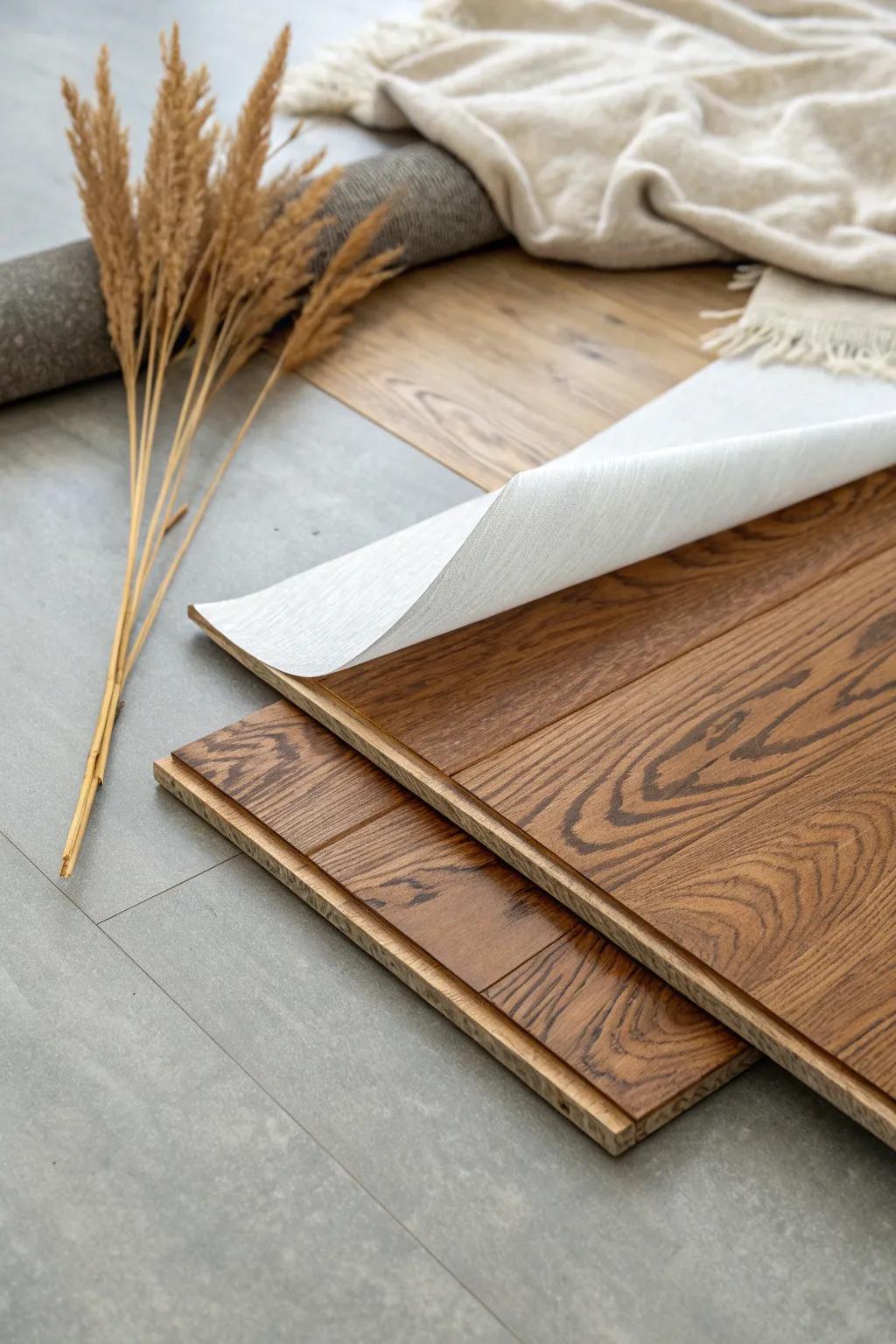 Engineered wood over a vapor barrier: warm grain, basement-safe style, and clean contrast.