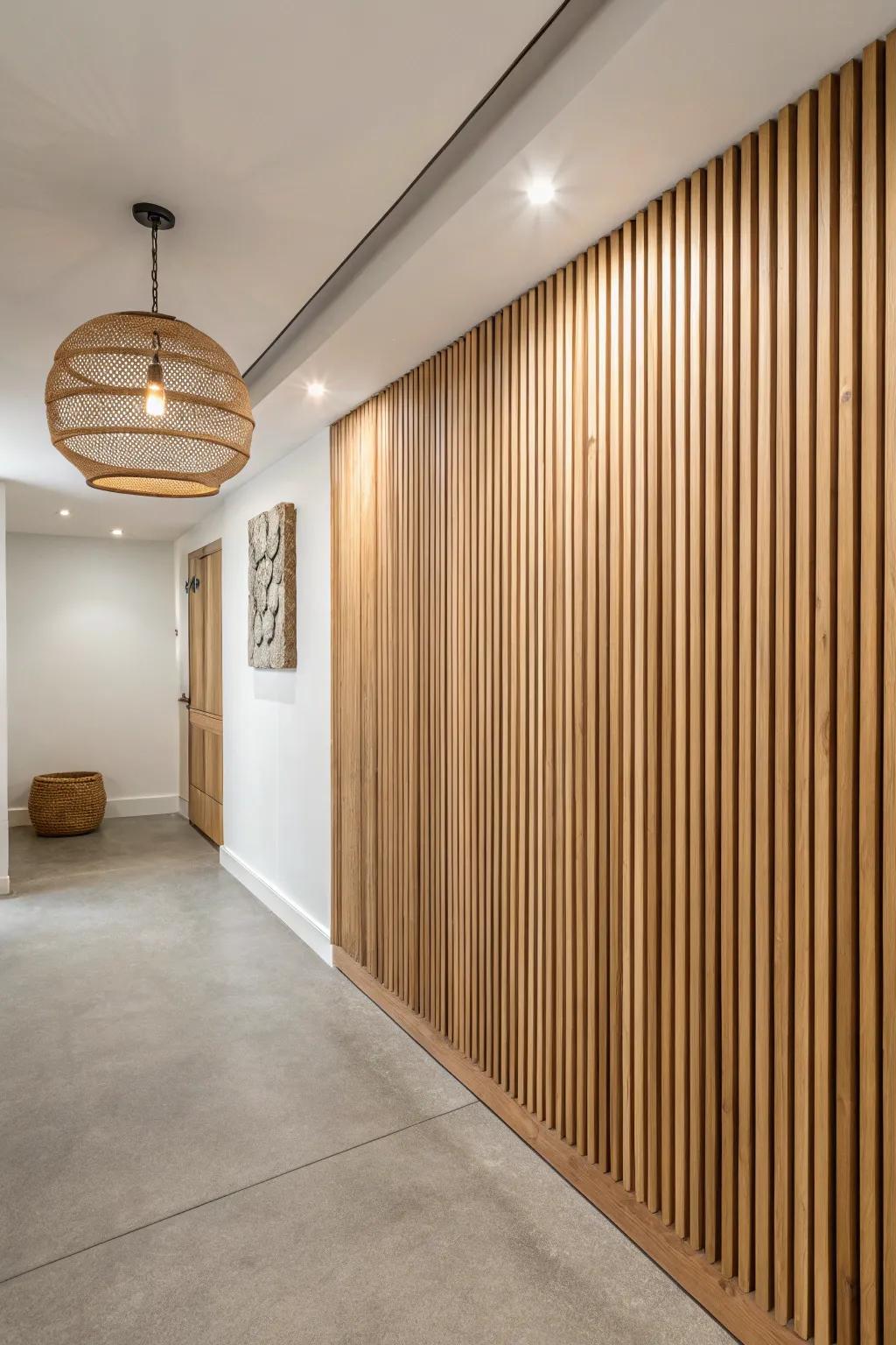 Vertical oak slats add texture and make a low basement hallway feel taller and brighter.