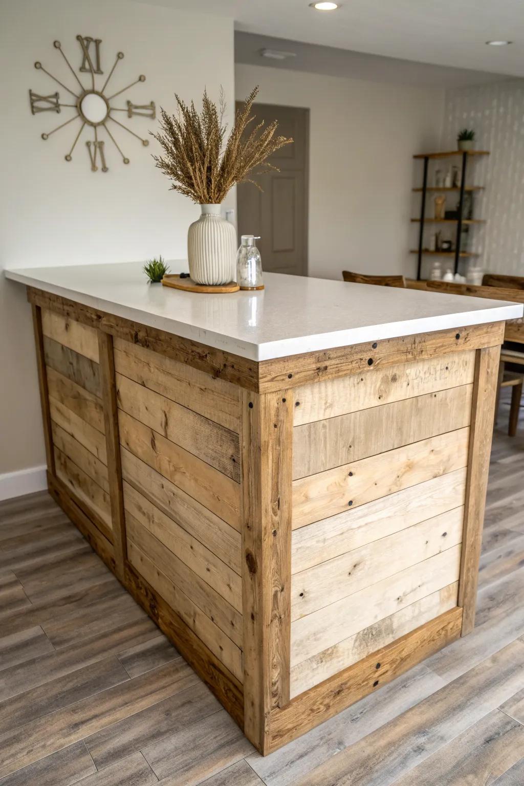 Reclaimed wood wrap adds rustic texture and warmth to a sleek basement island bar.
