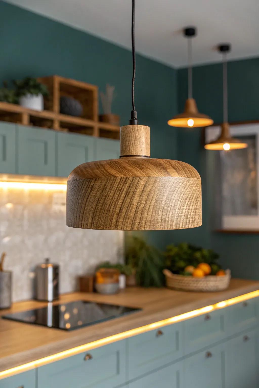 Layered lighting: a handcrafted wood pendant with soft under-cabinet glow for cozy hosting.