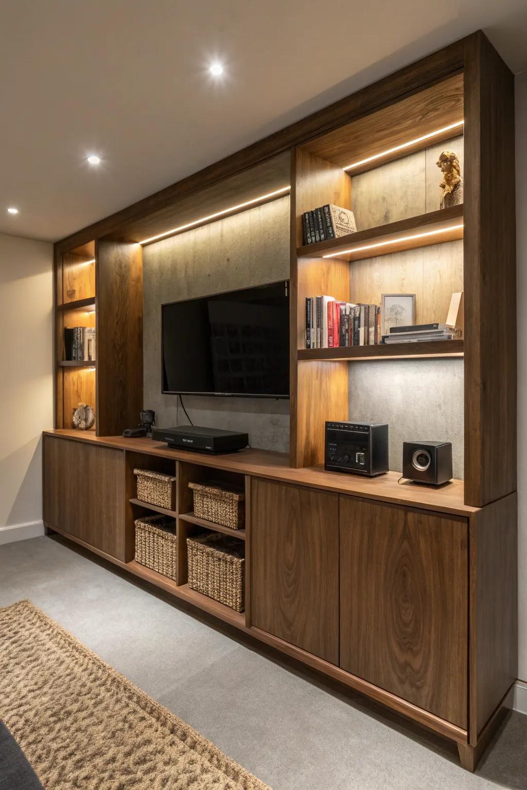 Dark-stained built-in shelving adds depth, drama, and a handcrafted upscale feel to any man cave.