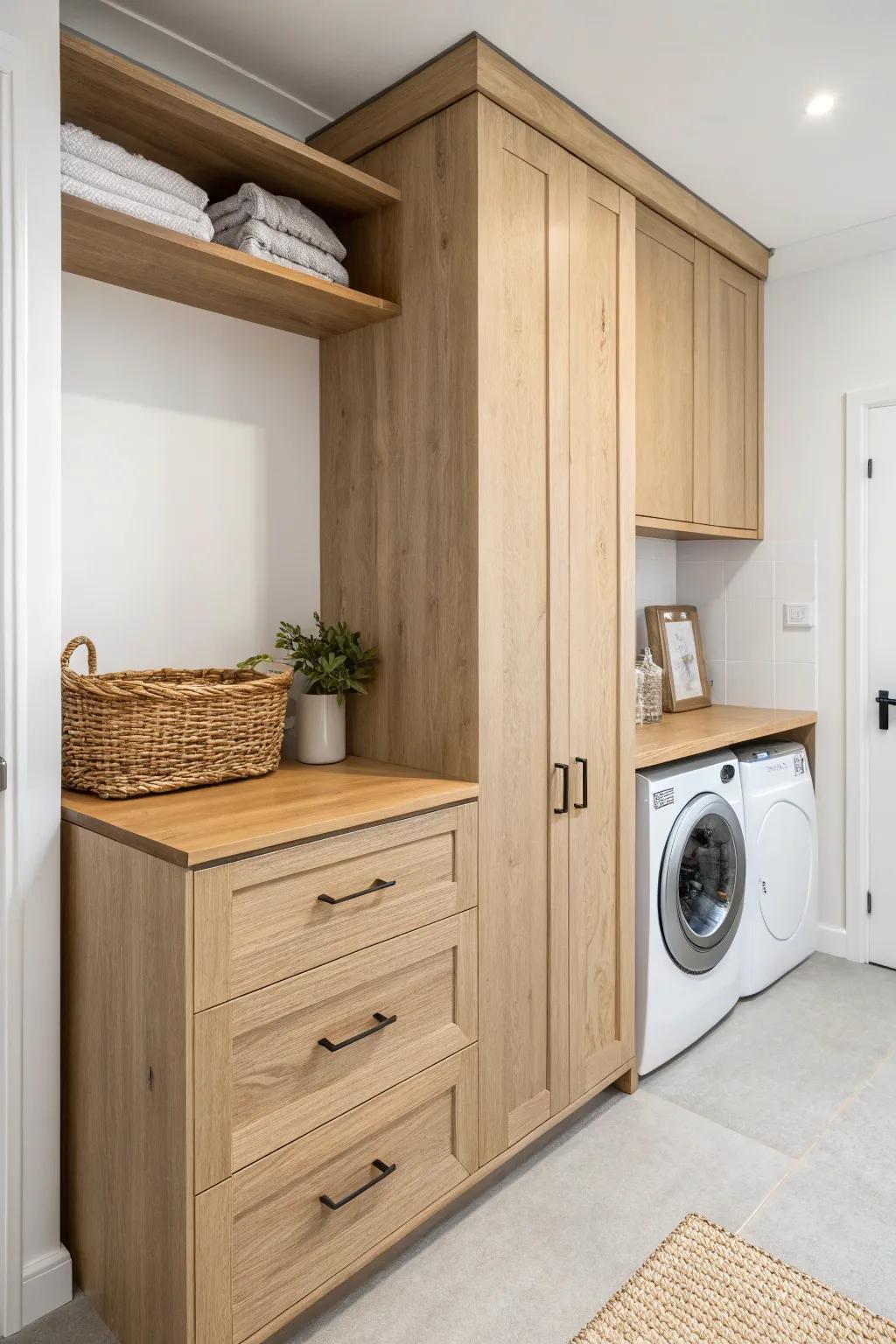 A built-in basement laundry station with warm wood countertops—tidy, functional, and beautiful.