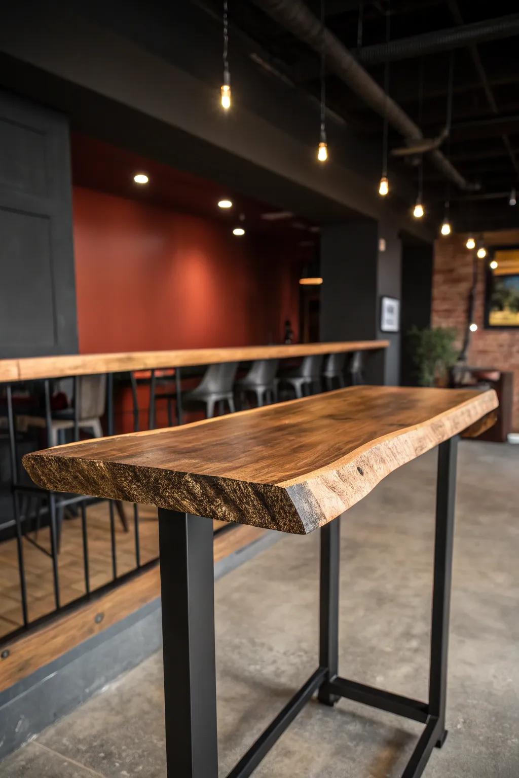 Warm live-edge slab bar table + black metal base—instant contrast and cozy basement style.