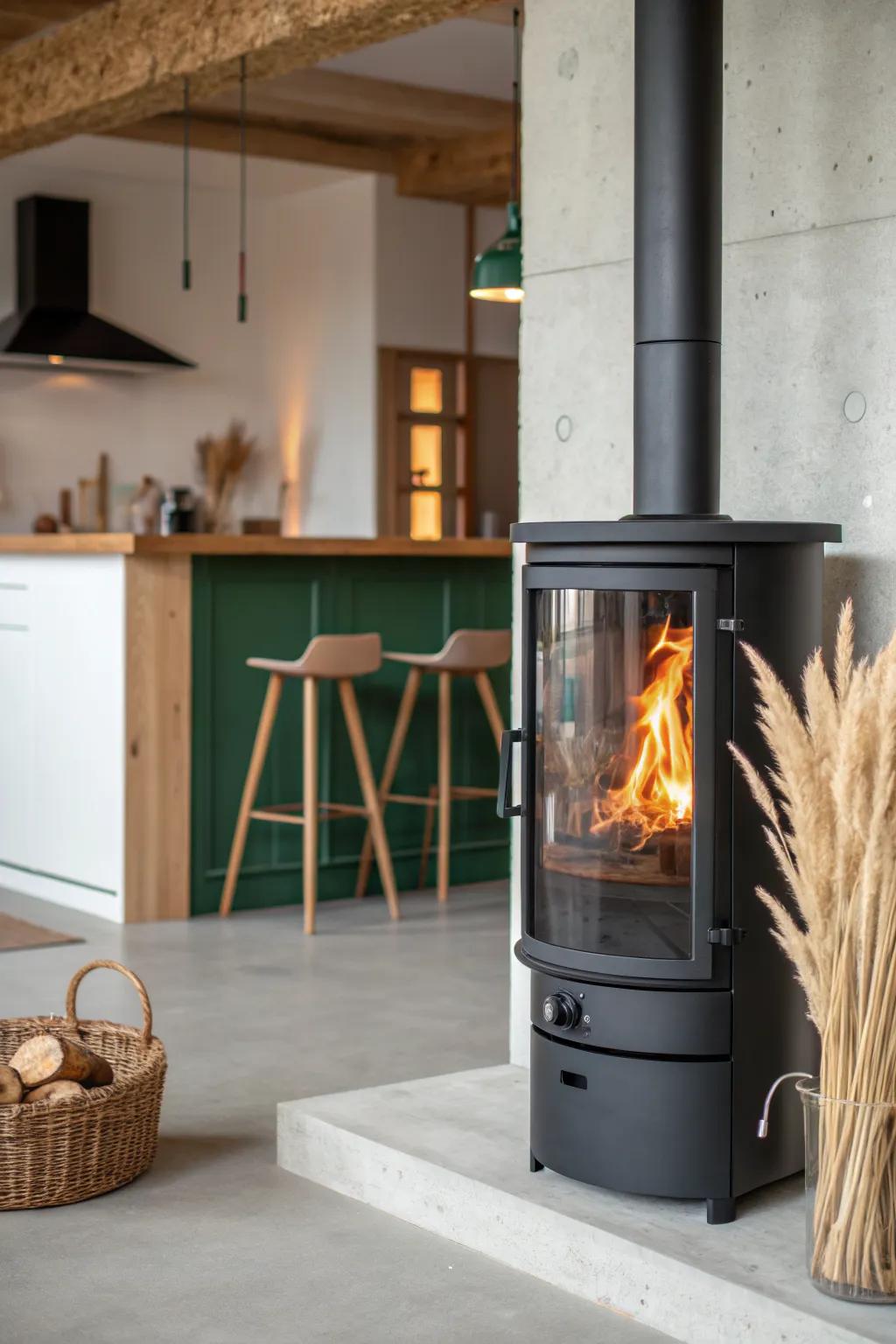 Basement bar warmth: a sleek wood stove turns the corner into a cozy winter campfire.