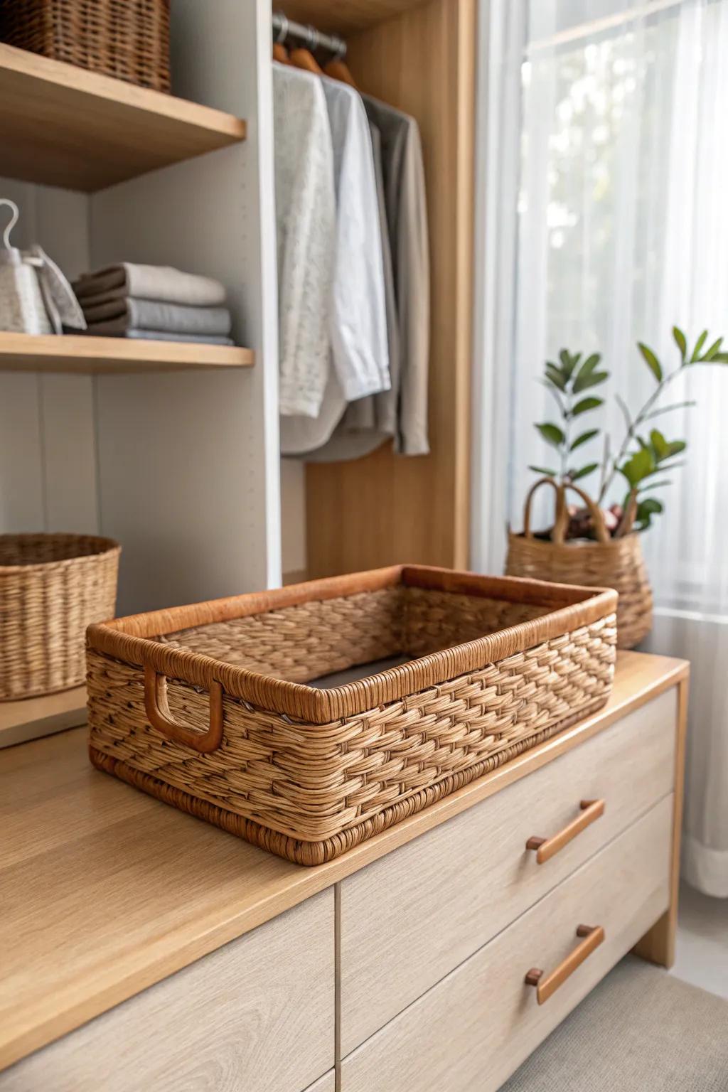Turn deep shelves into pull-out “drawers” with a woven basket and a simple finger gap.