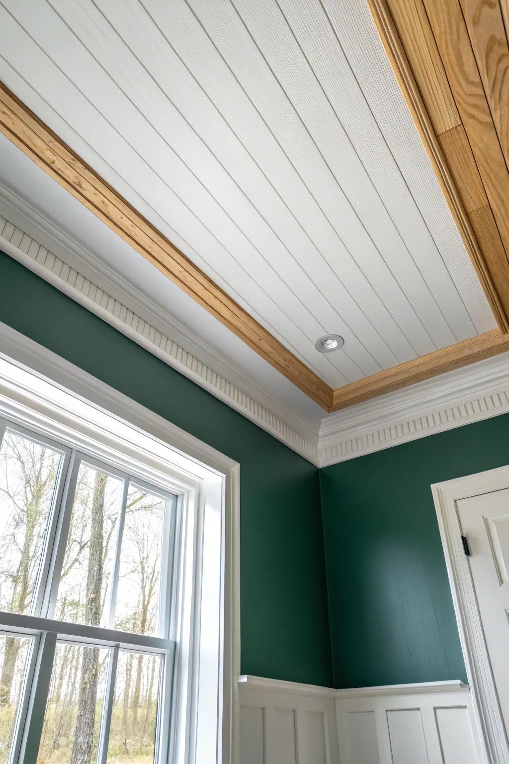 Beadboard ceiling framed by oak perimeter trim—minimal, warm, and perfect for hiding tiny gaps.