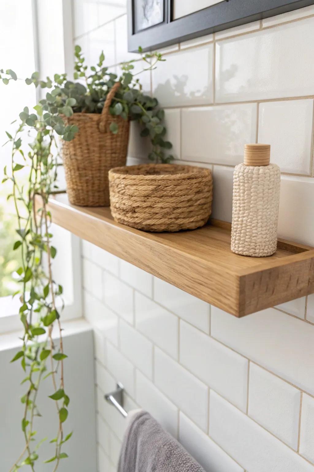 Light oak floating shelf + a trailing plant—airy storage that keeps a small bathroom feeling open.