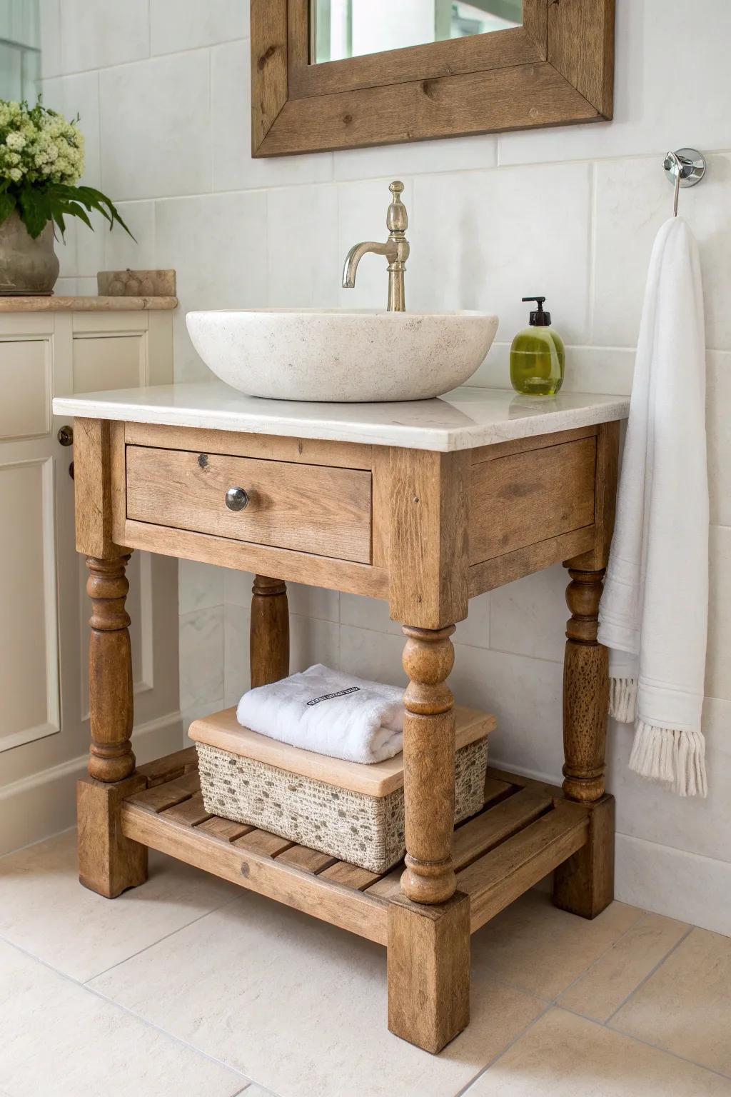 Chunky turned legs bring farmhouse warmth to a sleek bathroom island—simple, sculptural, timeless.