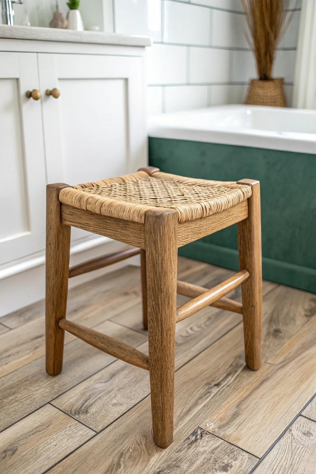 Mixed-width laminate planks bring reclaimed character—simple, custom warmth for a modern bathroom.