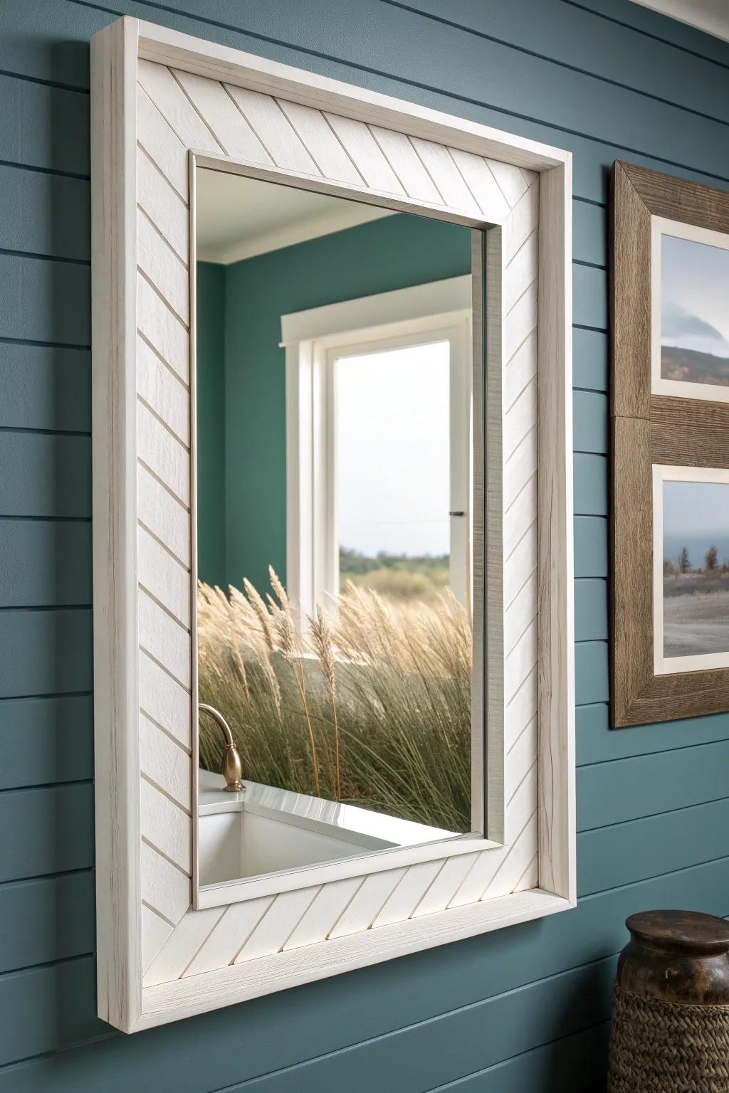 Shiplap picture-frame mirror border: cozy wall texture in a sleek, space-saving frame.