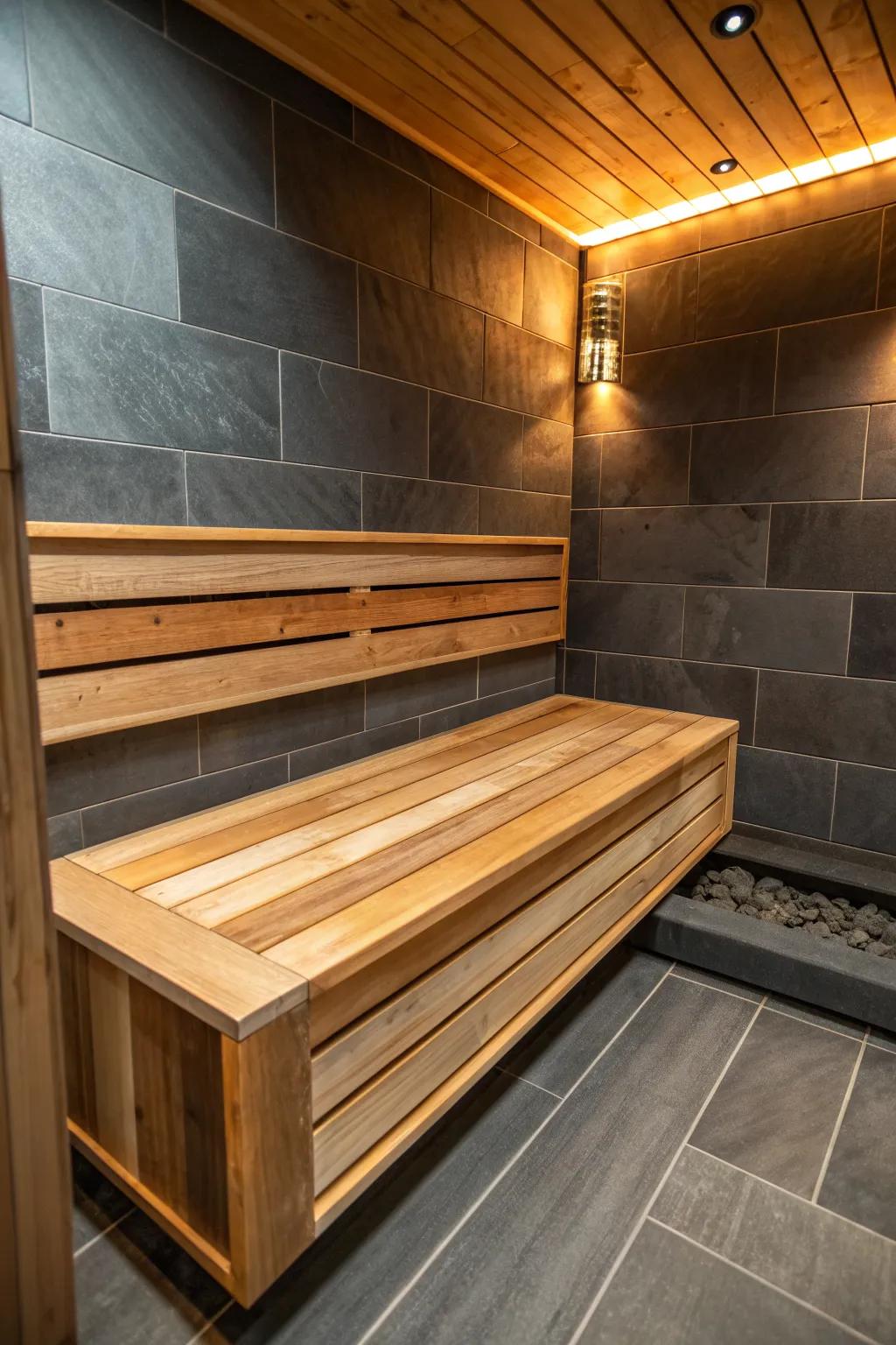 Rustic reclaimed wood sauna interior—smooth, splinter-free boards with calm grain and cozy contrast.