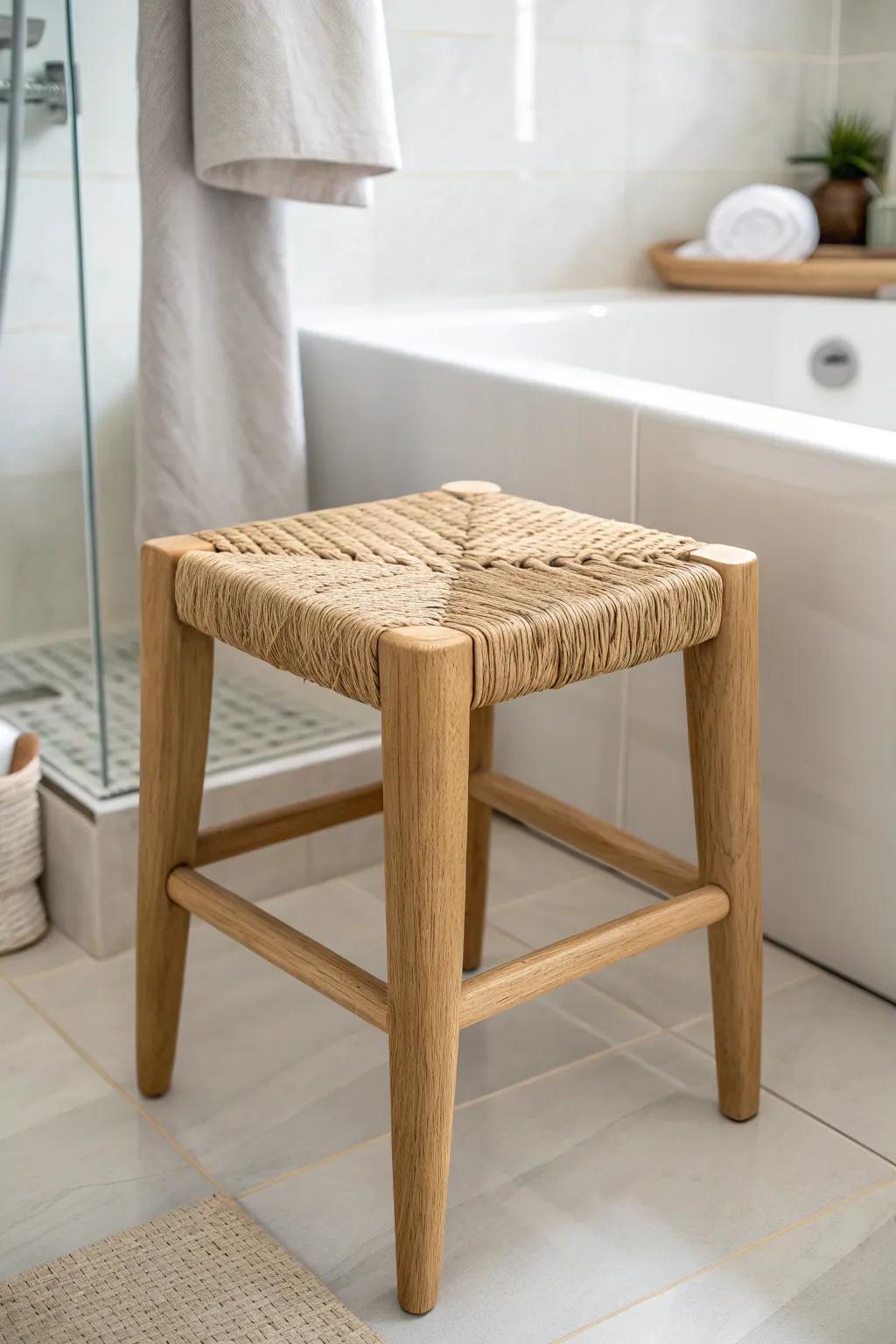 Woven rattan seat + light oak stool: the easiest way to add warm texture to a minimal bathroom.