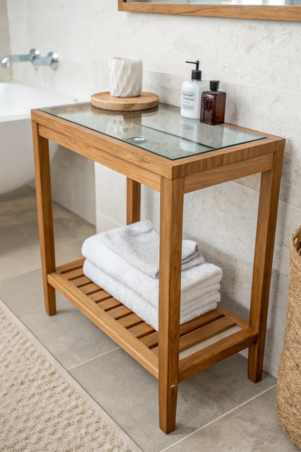 Clear glass top, warm oak shelf—an airy bathroom table idea that still stores folded linens.