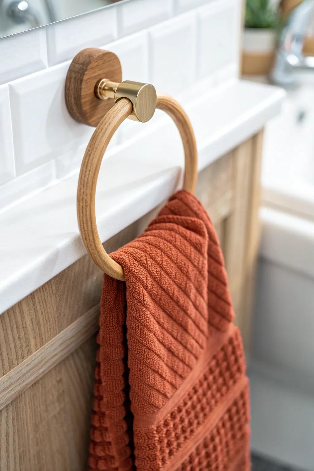 Sculpted oak towel ring + bold waffle towel: the simplest way to clear vanity clutter in style.