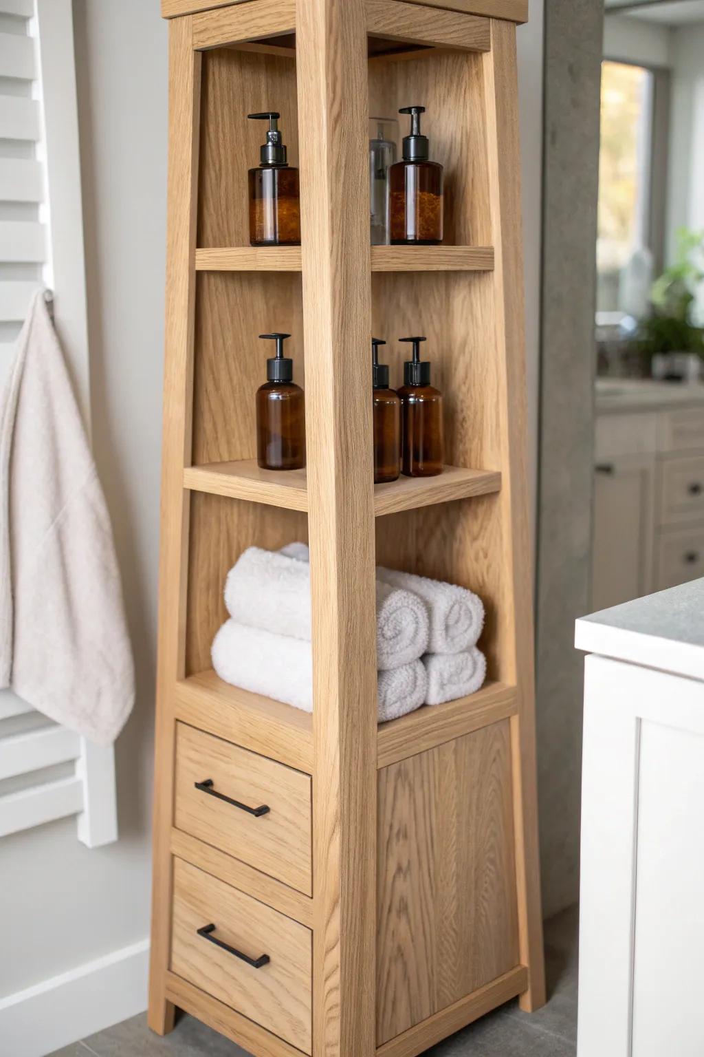 A slim corner vanity tower that bookends your setup—beautiful oak storage for tall bottles and rolls.
