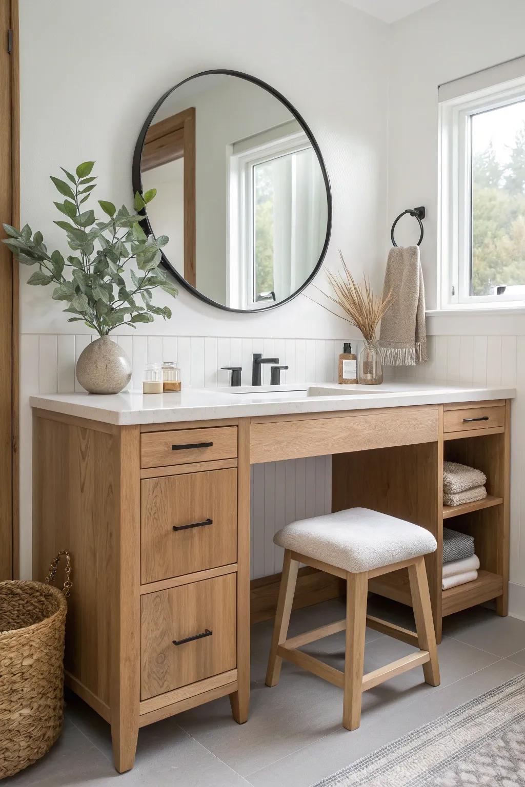 A compact makeup nook with sleek upper cabinets—warm oak, bold black accents, zero clutter.