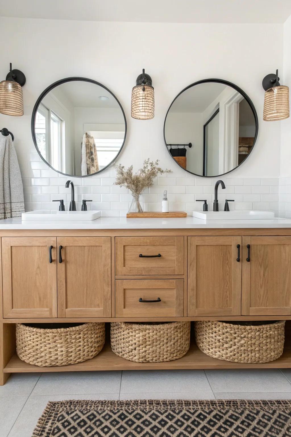 Symmetry elevates oak: a double-sink vanity with twin mirrors and matching sconces.