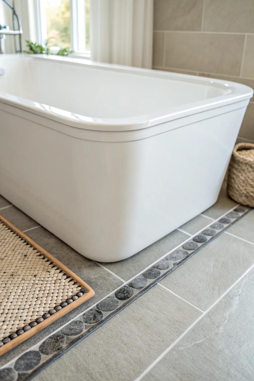 A sleek tile pencil liner trim creates a seamless, intentional edge where tub meets floor.