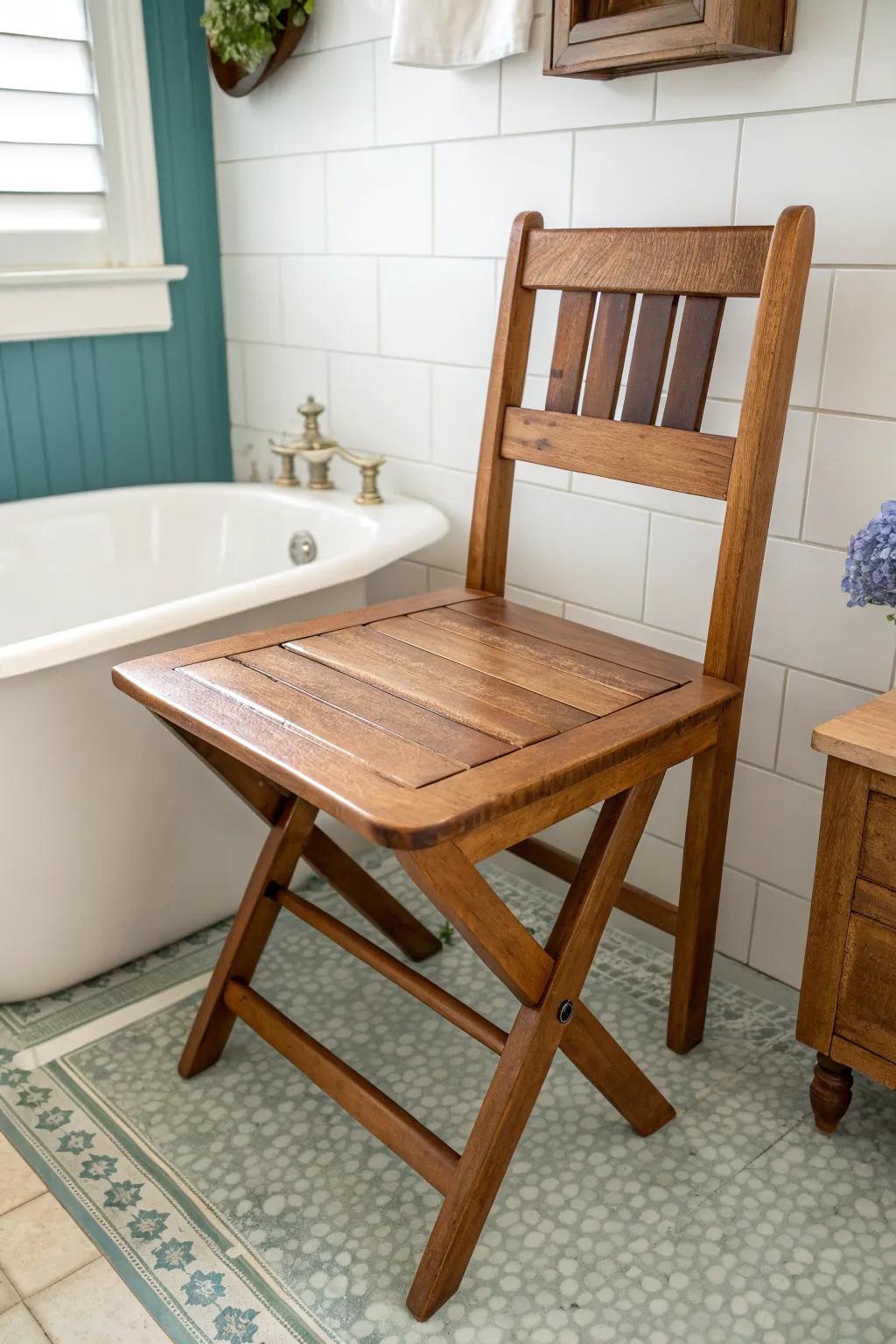 Vintage chair-seat side table—sealed wood warmth for a farmhouse bath with modern Nordic calm.