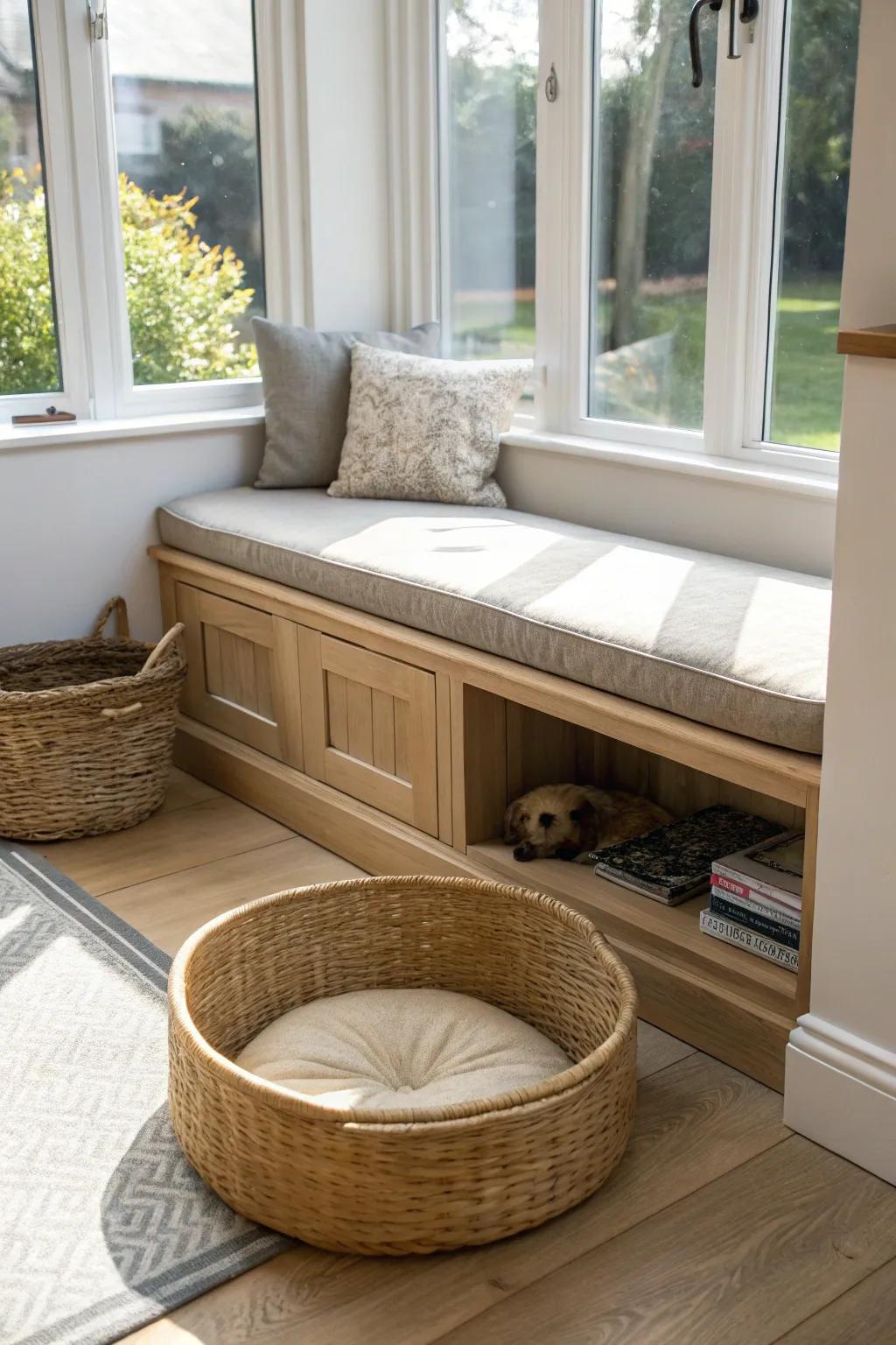 Two-tier bay window bench keeps the top seat pristine while giving pets their own cozy step below.