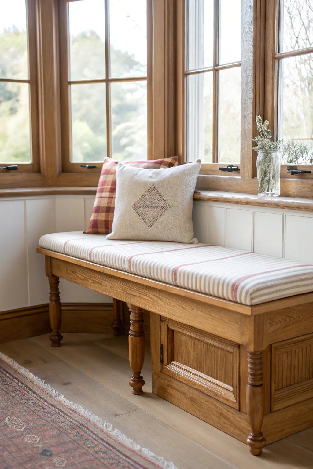 A furniture-style bay window seat with turned legs—rent-friendly, vintage charm, bold teal pop.
