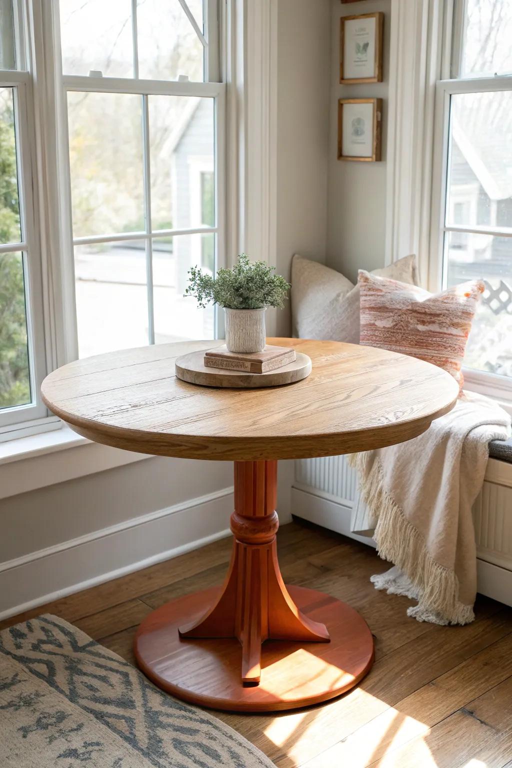 Two-tone bay window table: natural wood top + bold painted base for crisp, cozy contrast.