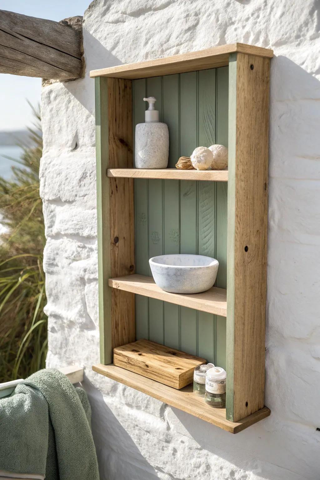 Seaweed green on built-in shelves: a calmer, grown-up coastal look for your beach bathroom.