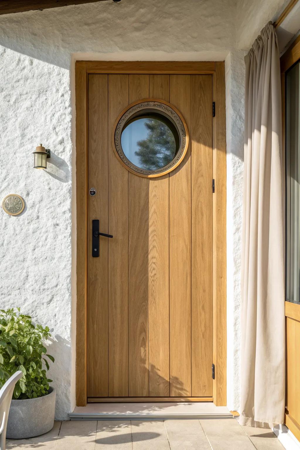 Light oak door with a brass porthole window—nautical charm meets modern Scandinavian minimalism.