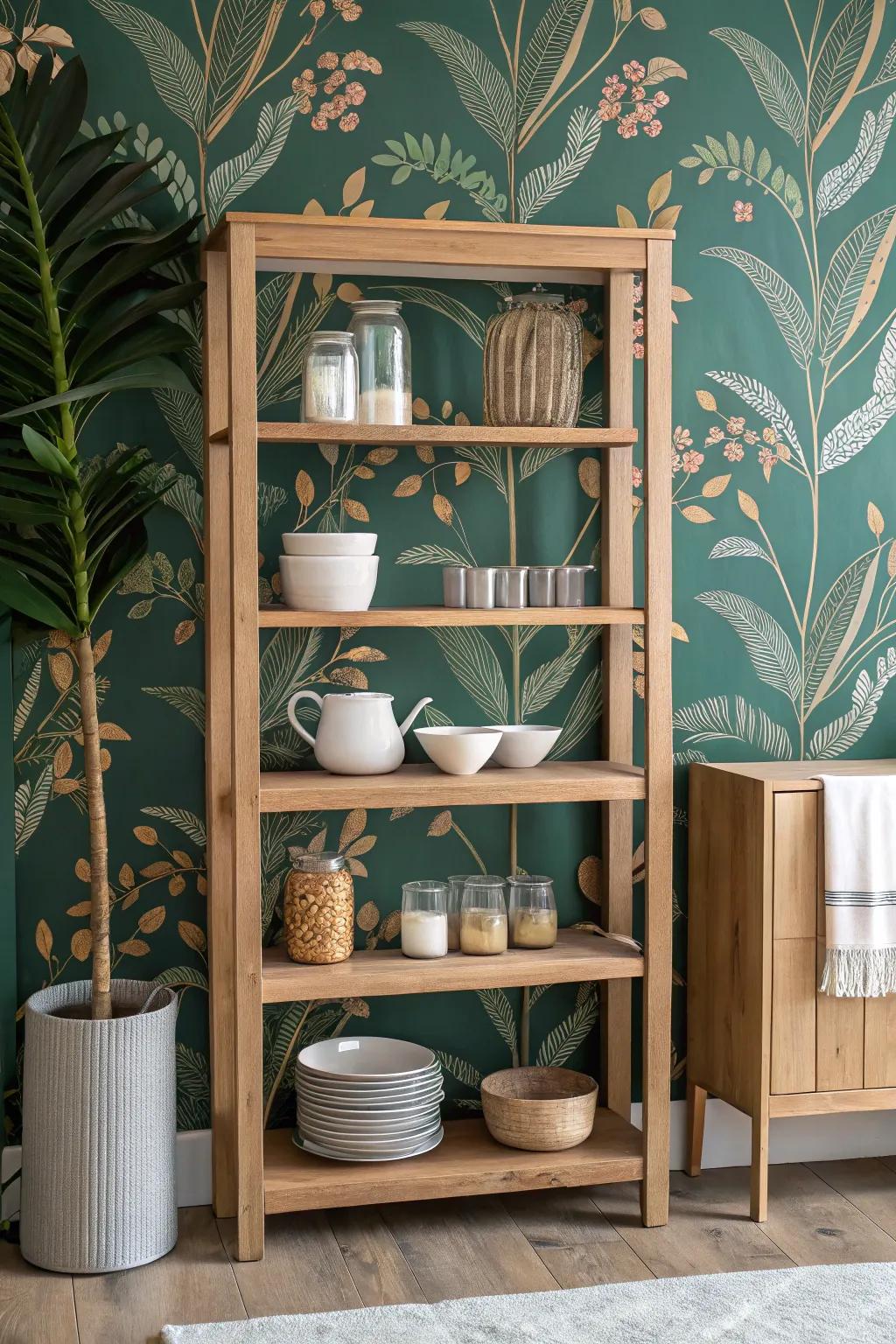 Small pantry, big impact—bold wallpaper behind open shelves creates an instant design moment.