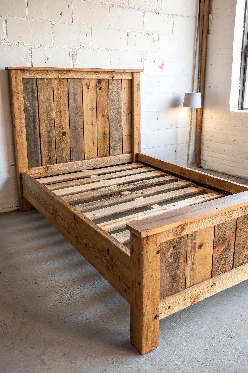 Rustic reclaimed wood bed frame with soulful grain—minimal shape, warm patina, bold contrast.