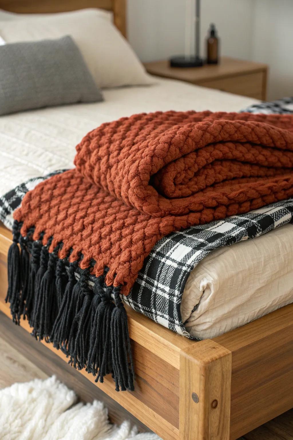 Cabin plaid meets chunky knit—cozy contrast on a clean oak bed frame.