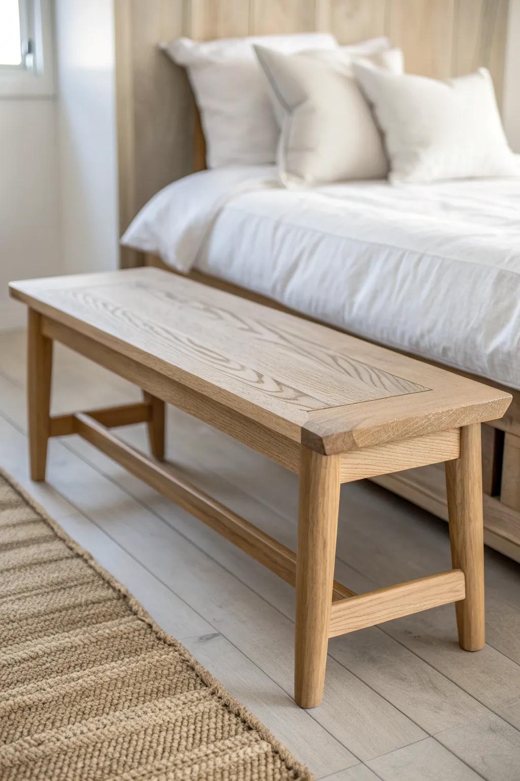 A pale oak bench at the foot of the bed brightens the room and shows off beautiful grain.