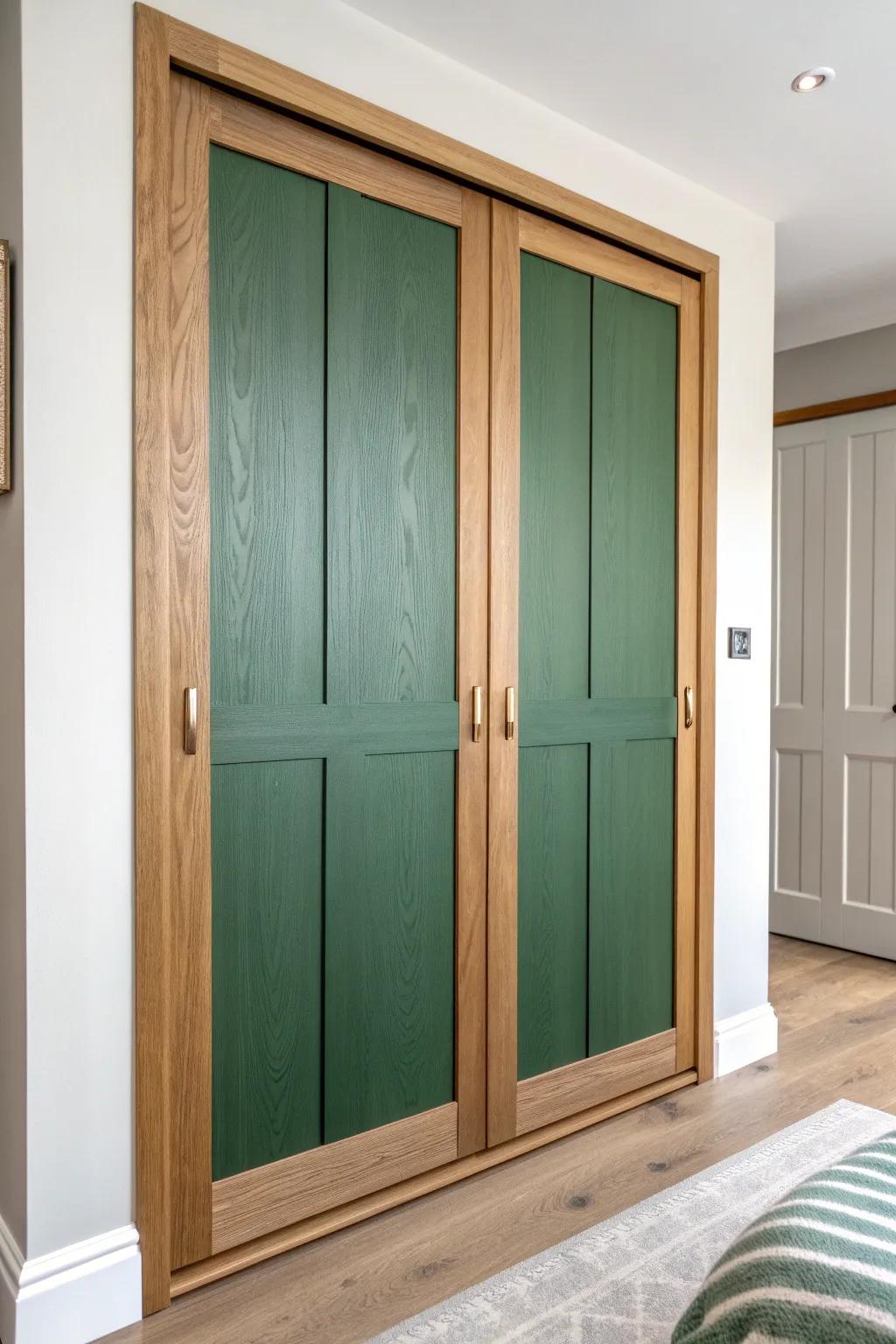 Flat doors, elevated: crisp Shaker trim overlay for a high-end closet look on a budget.