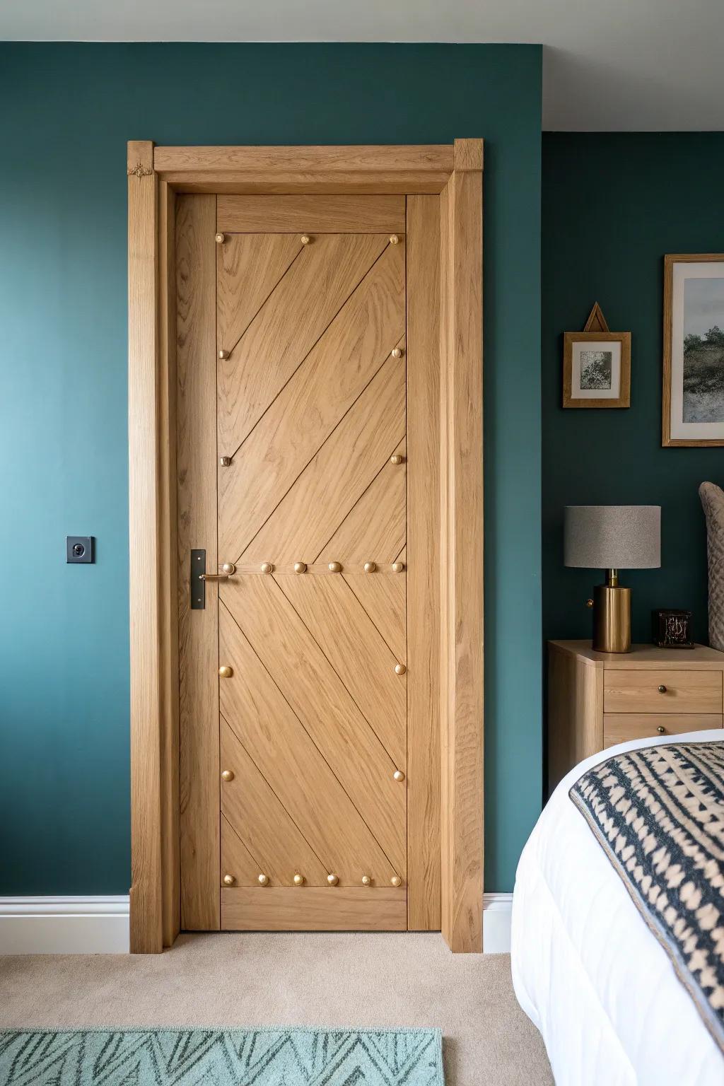Decorative brass nail heads in a clean grid turn a plain wood bedroom door into subtle art.