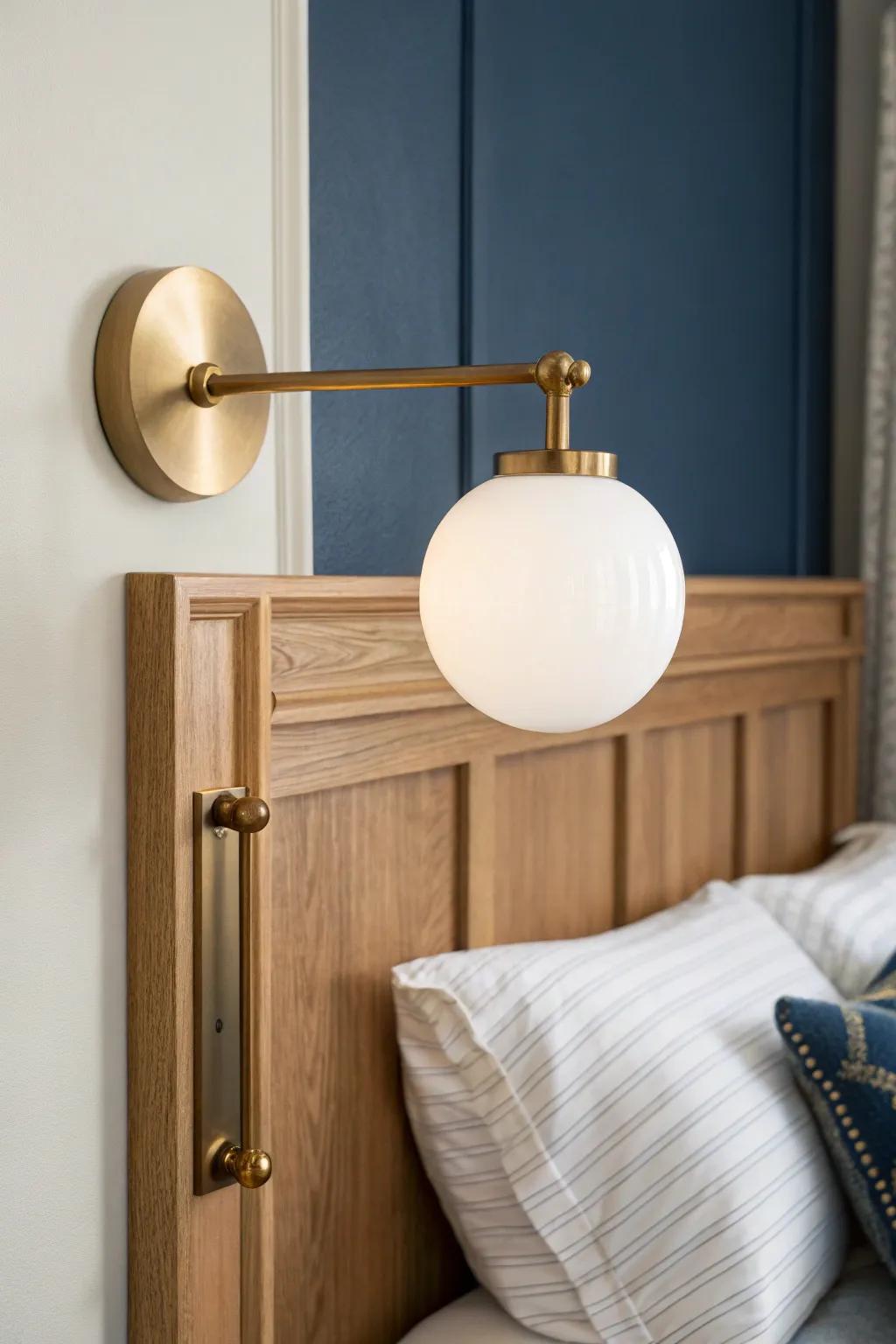 A brass sconce framed by crisp molding makes the wall feel built-in, balanced, and luxe.