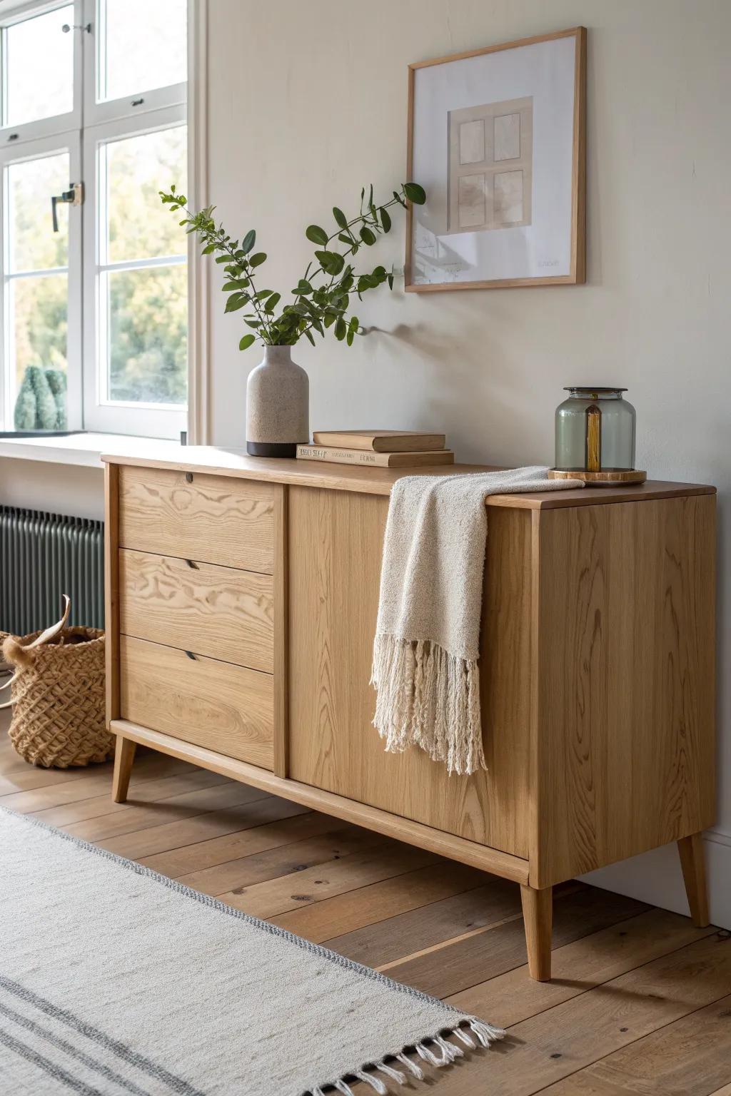 A flax linen runner warms your sideboard and protects fresh wood while showing off the grain.