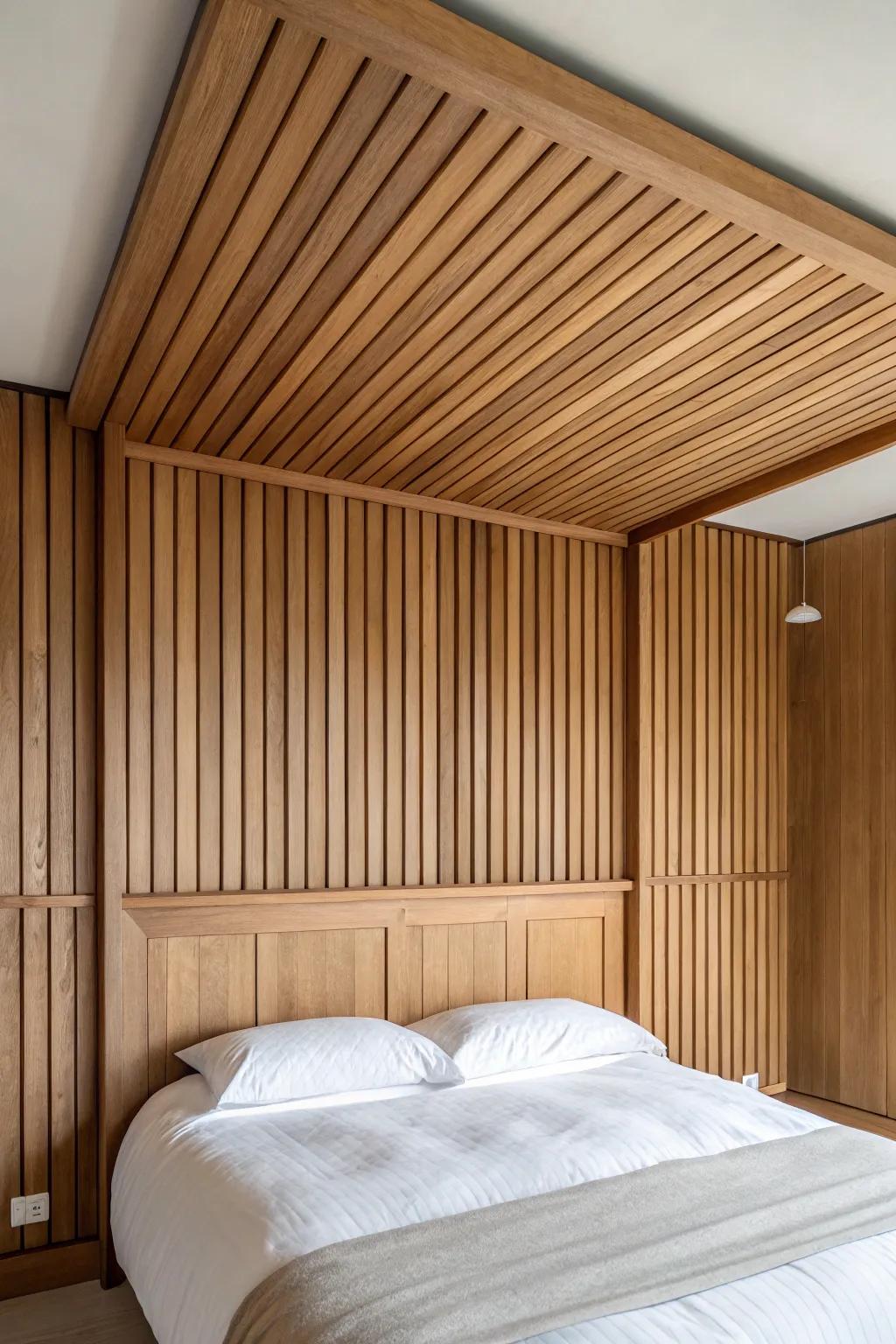 Oak slat panels wrapped onto the ceiling create a cozy canopy moment above the bed.