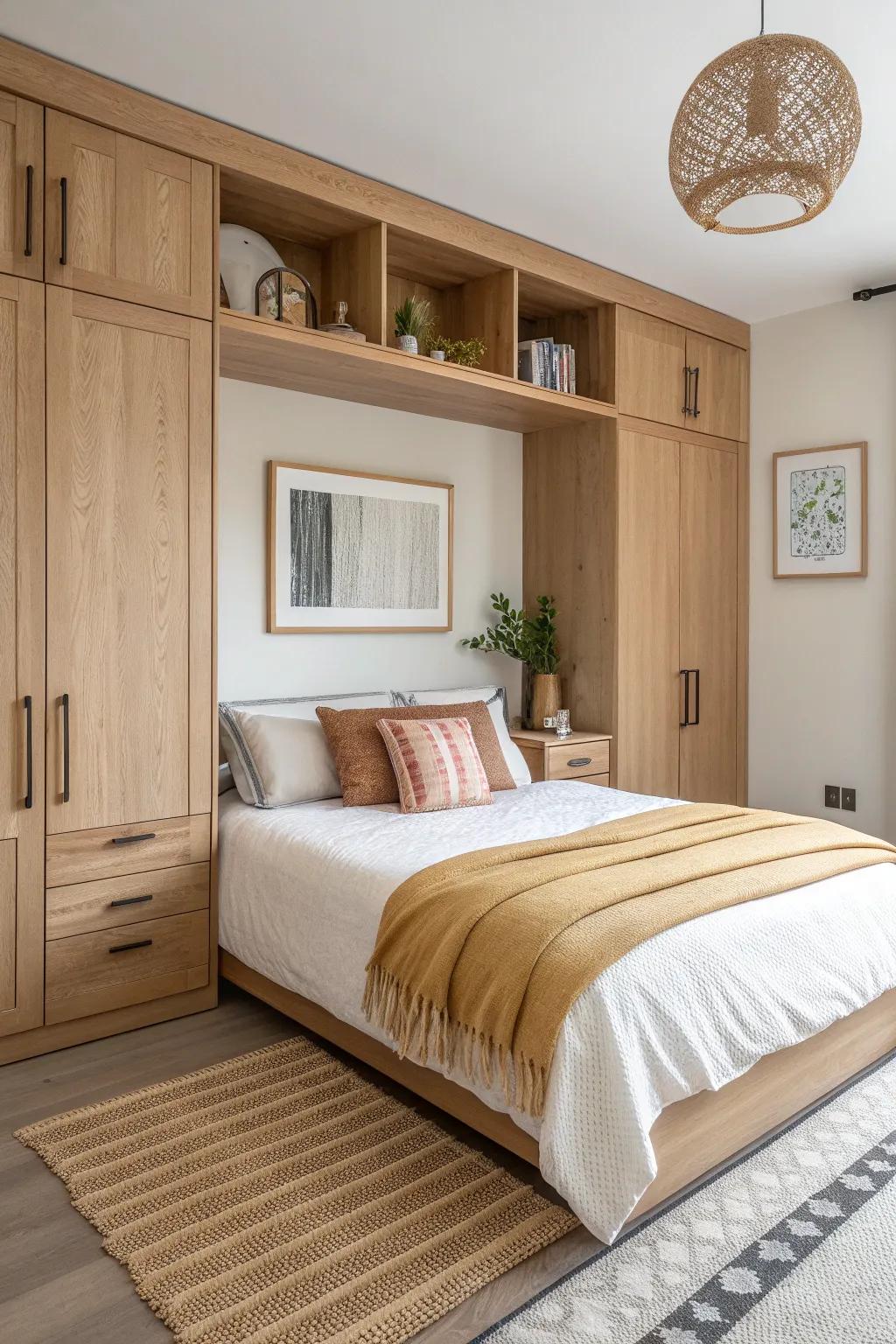 A space-smart bridge wardrobe in light oak—airier center shelves keep the bed feeling open.